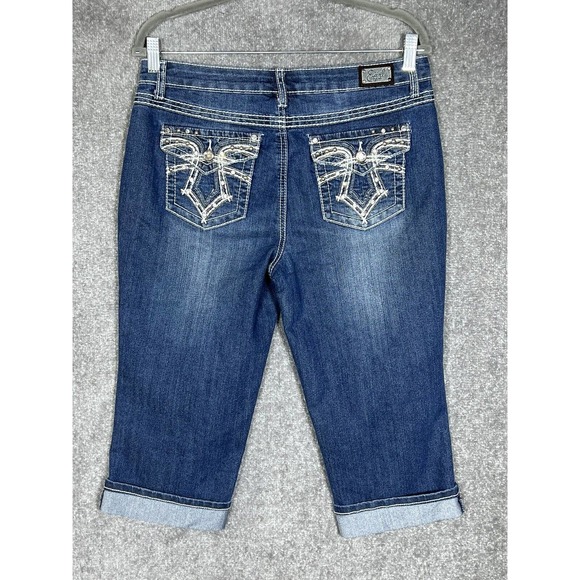 Earl Cuffed Capri Jeans Womens Size 8 Stretch Blue Denim Bling Detail - Picture 2 of 10